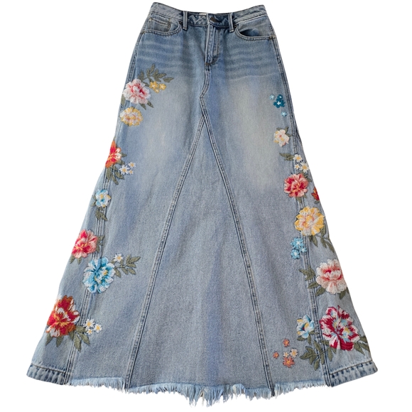DRIFTWOOD Dresses & Skirts - Driftwood x Free People Floral Embroidered Denim Maxi Skirt Size 24